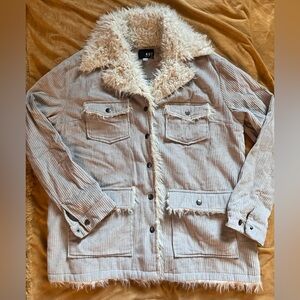Kut from the Kloth Beige/Gray Light Corduroy Jacket w Faux Soft Sherpa Sz L
